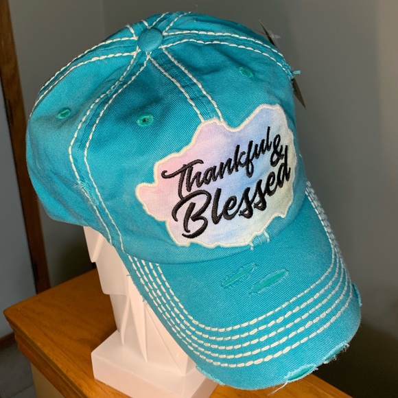 KBethos Accessories - Turquoise Distressed Thankful and Blessed cap